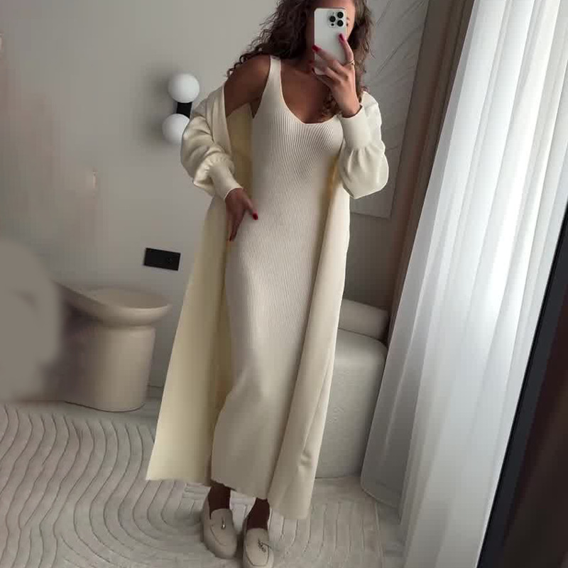 V-neck Elegant Knitted Straight Long Dress Two-piece Set