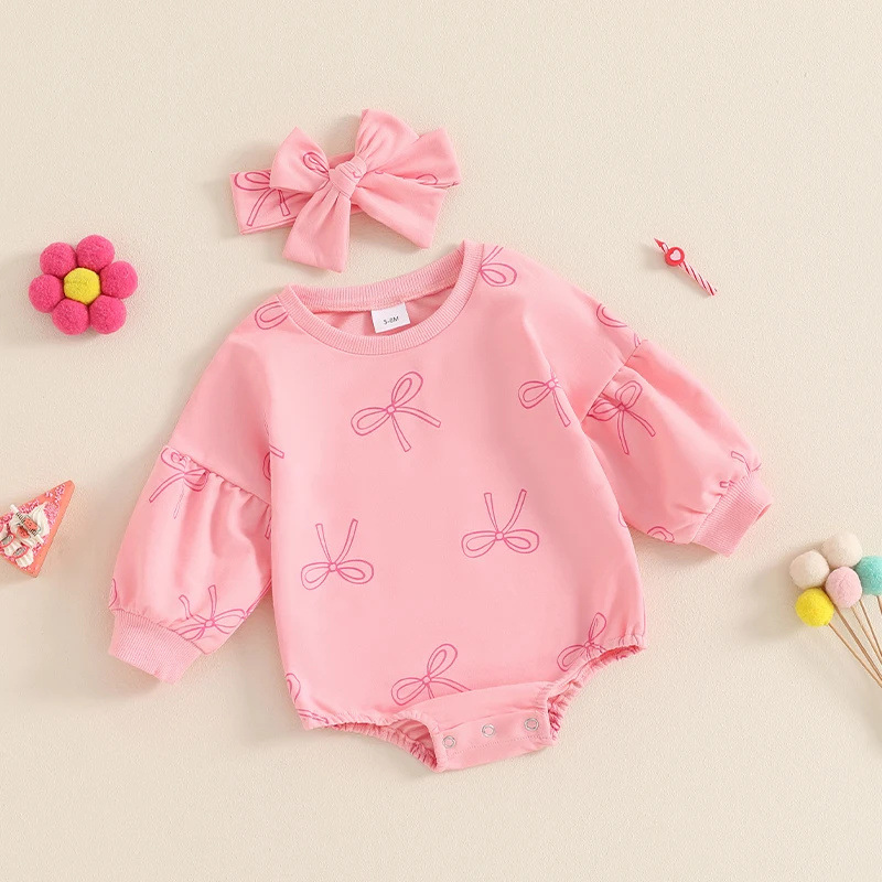 Baby Girl Minimalist Bowknot Printed Long Sleeve Triangle One-piece