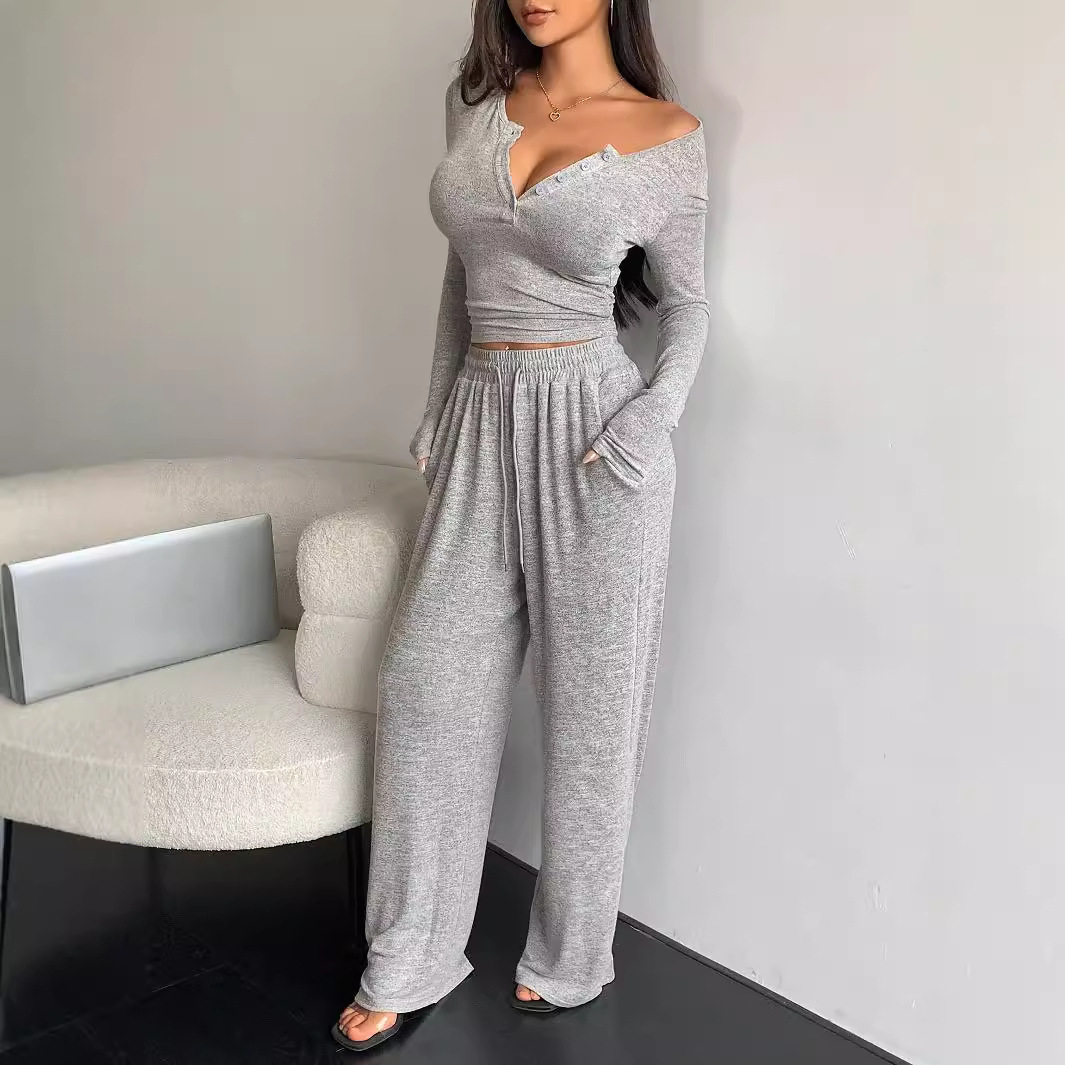 Women's Long-sleeved Button-up Solid Color Top And Trousers Two-piece