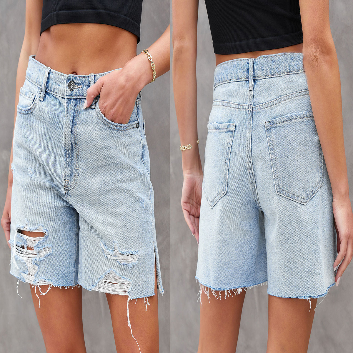 Summer Street Hipster Water Washed Hole Denim Shorts