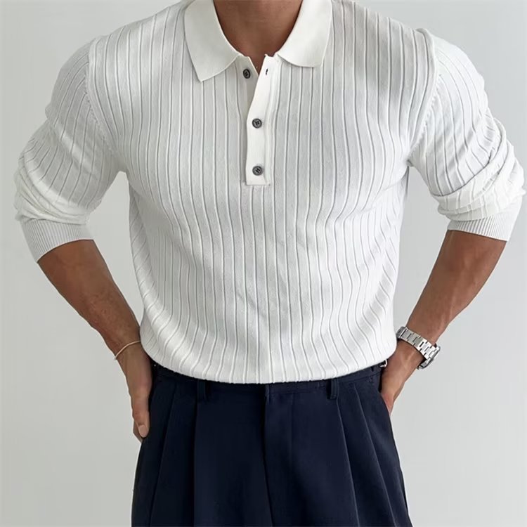 Lapel Button Long Sleeve Polo Shirt Slim Fashion Solid Striped Knitted