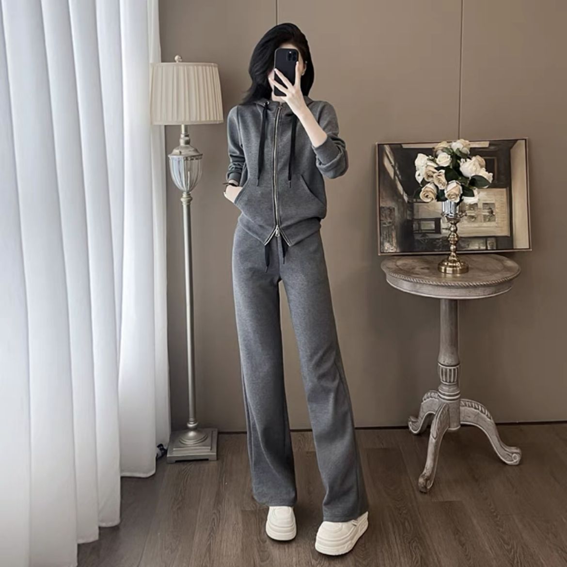 Gray Fashion Hooded Sweatshirt Pants Slimming Two-piece Suit