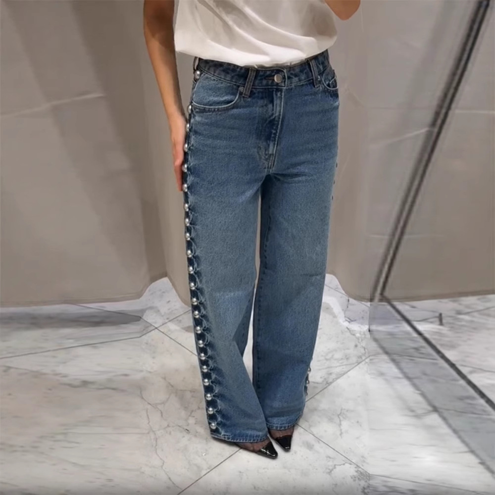 Women's Retro Design Side Round Beads Decorative Jeans