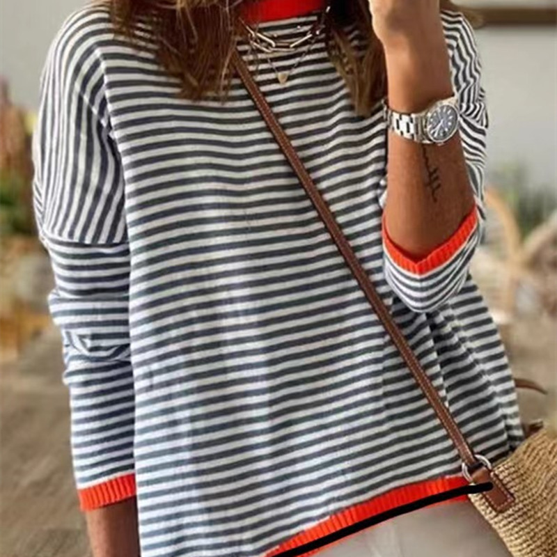 Women's Fashionable Color-blocking Striped Drop-shoulder Top