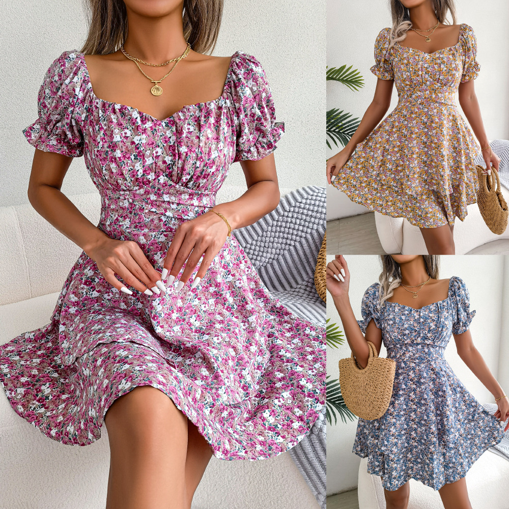 Women Mini Dress Temperament Big Swing Loose Hem Flower Print Shirring