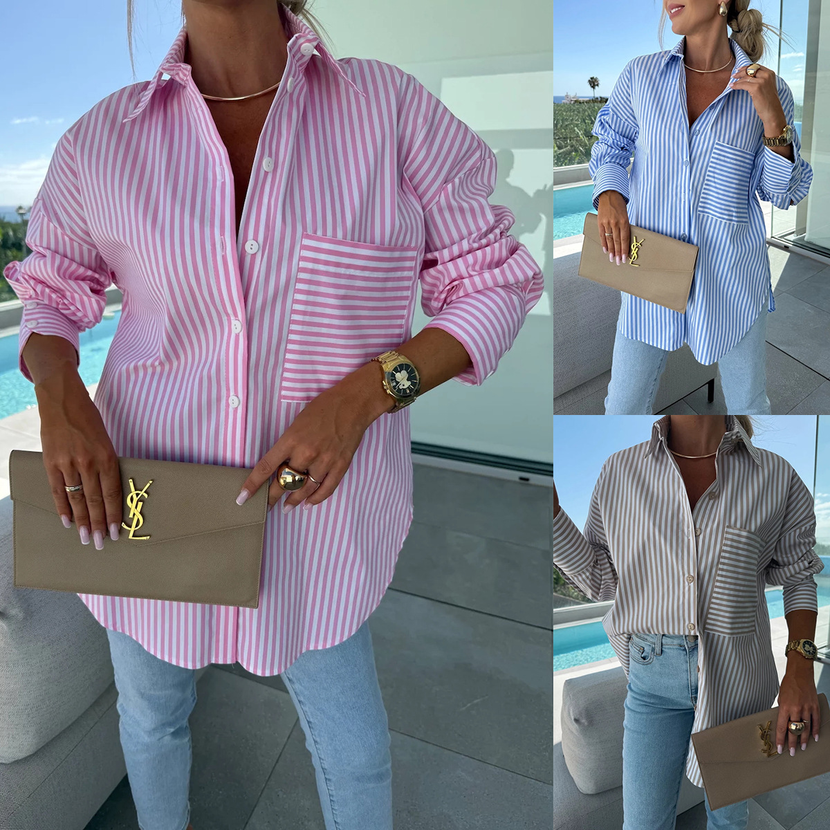 Spring Summer Long Sleeve Lapel Shirt Striped Print With Irregular Hem