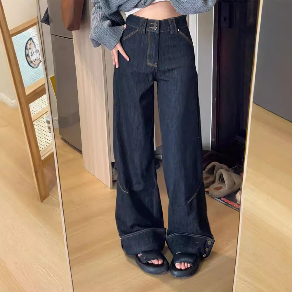 Retro High Street Denim Turn Over Button Straight Loose-fitting Mopping