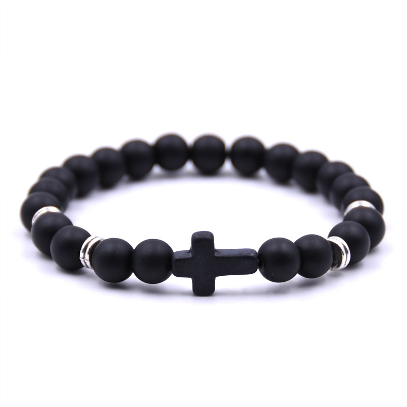 Natural Stone Black Cross Elastic Wire Bracelet