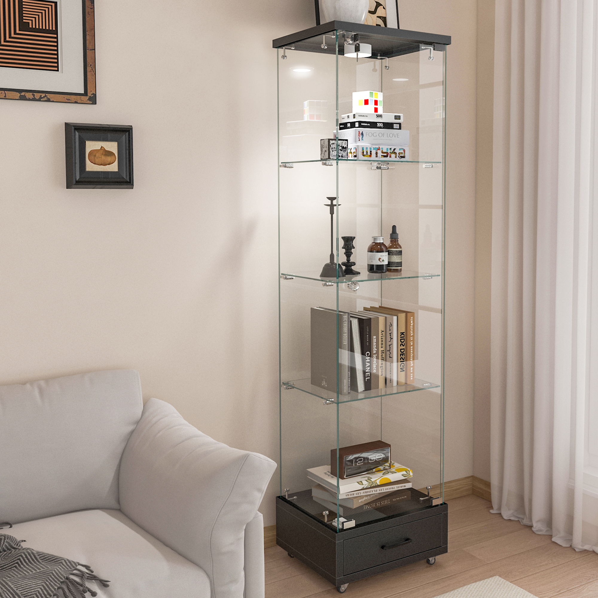 Modern Glass Display Cabinet With Drawer Quick-assembly Antique LED