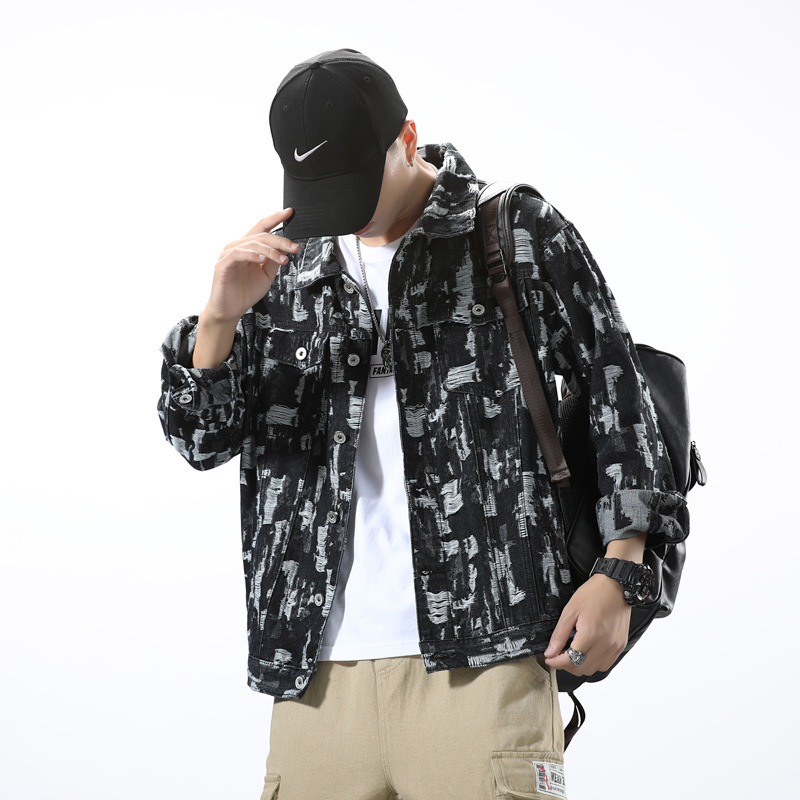 Jacket Men's Denim Jacquard Hole Japanese Retro