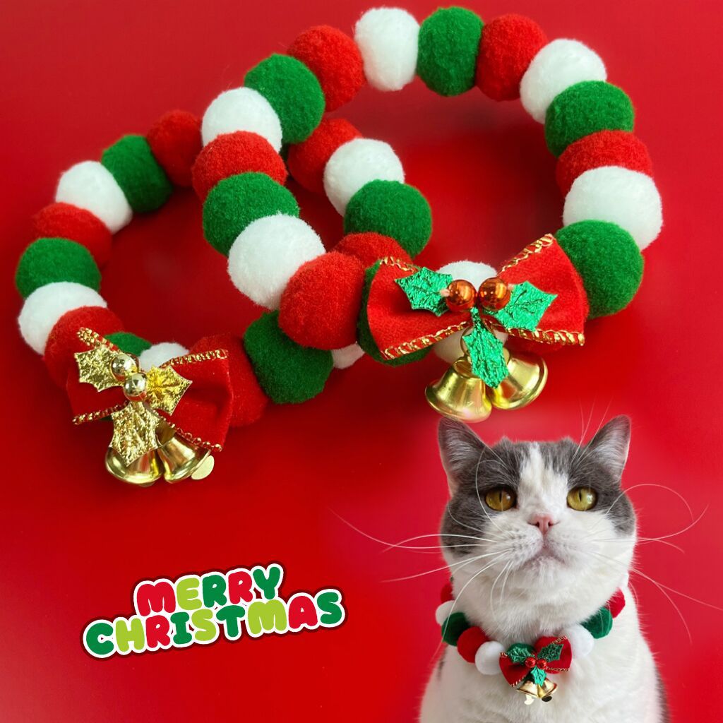 Christmas Cute Dog Cat Plush Ball Necklace Soft Elasticity Collar Pet