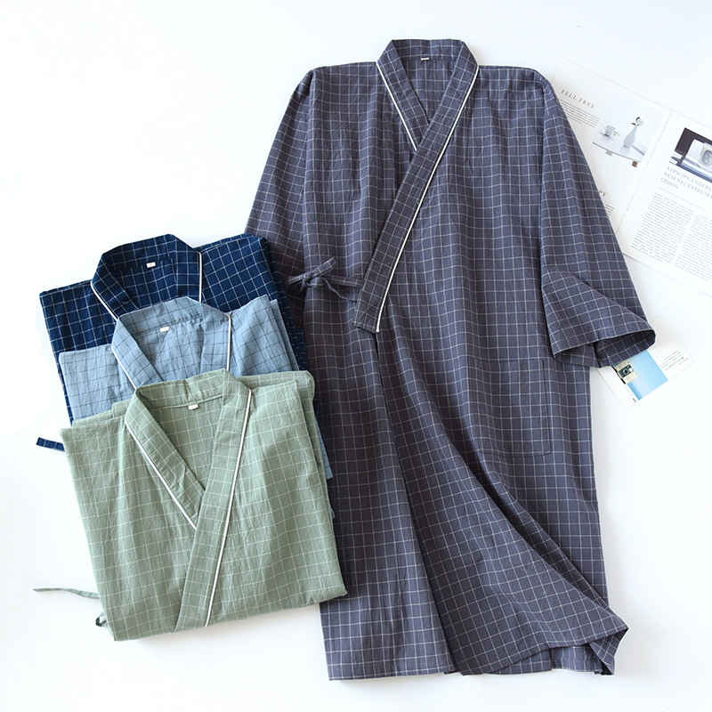 Spring And Summer Japanese Men's Kimono Nightgown Bathrobe Washed Cotton