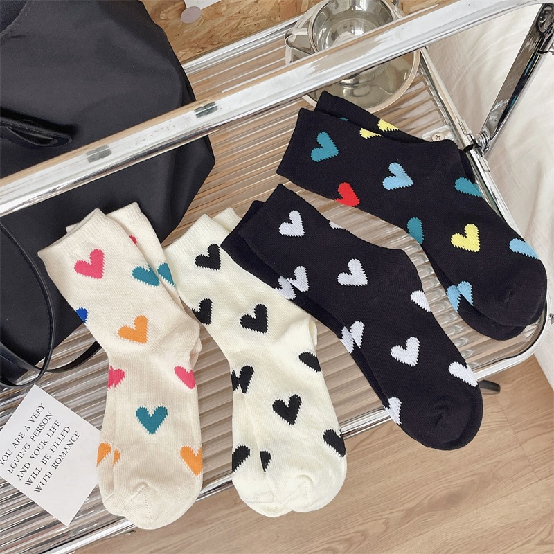 Color Matching Thick Thread Colored Loving Heart Pure Cotton Mid-calf