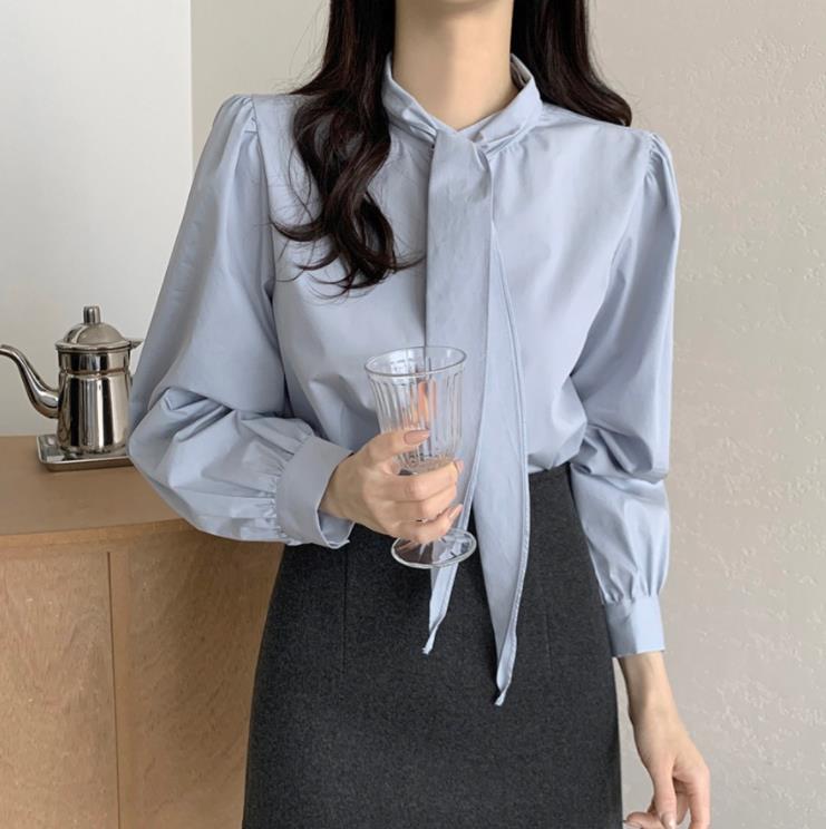 Spring New Gentle Lace-up Bow Tie Design Puff Sleeve Solid Color Shirt