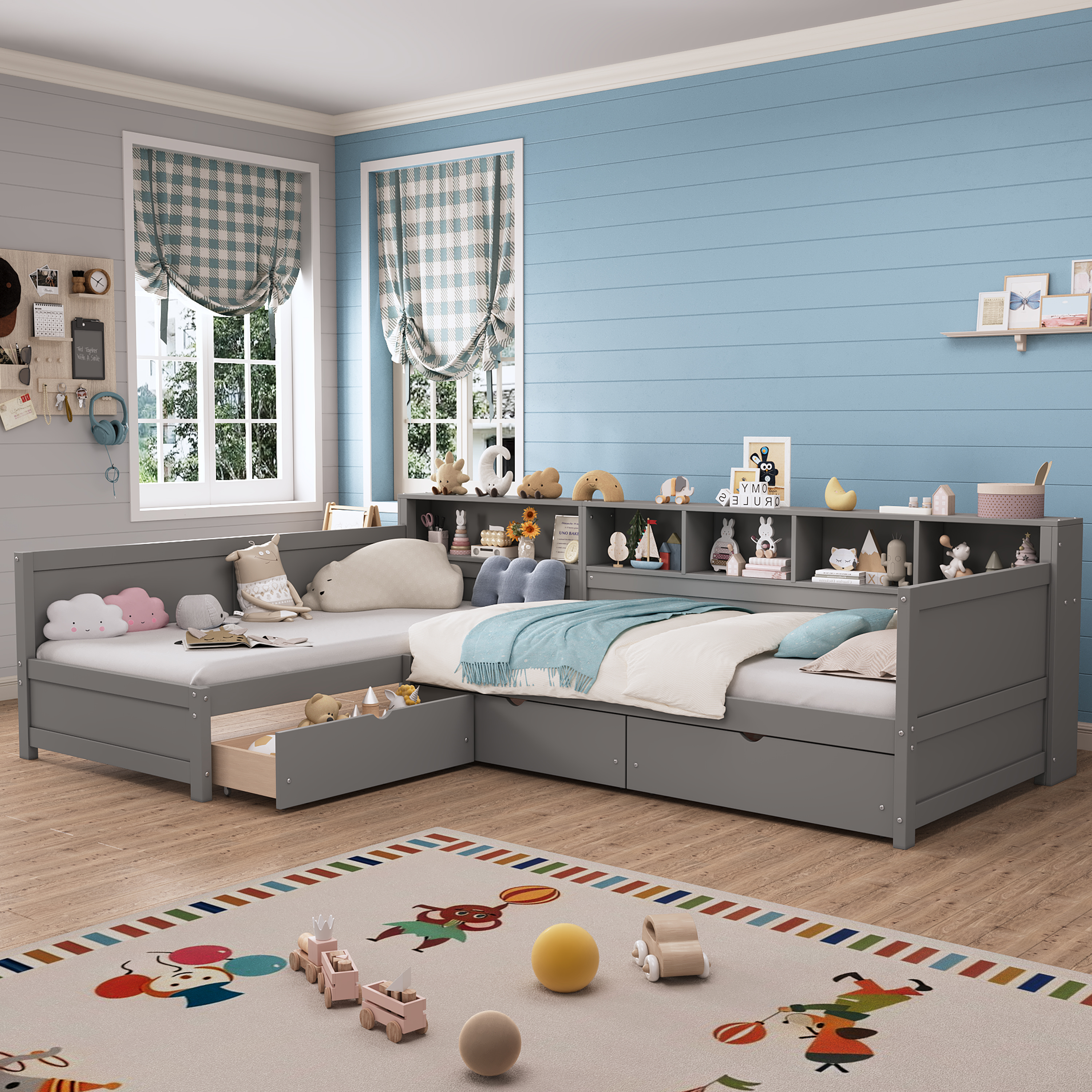 Twin Size Day Bed For 2 L- Shape Frame With Storage 3 Drawers Wooden