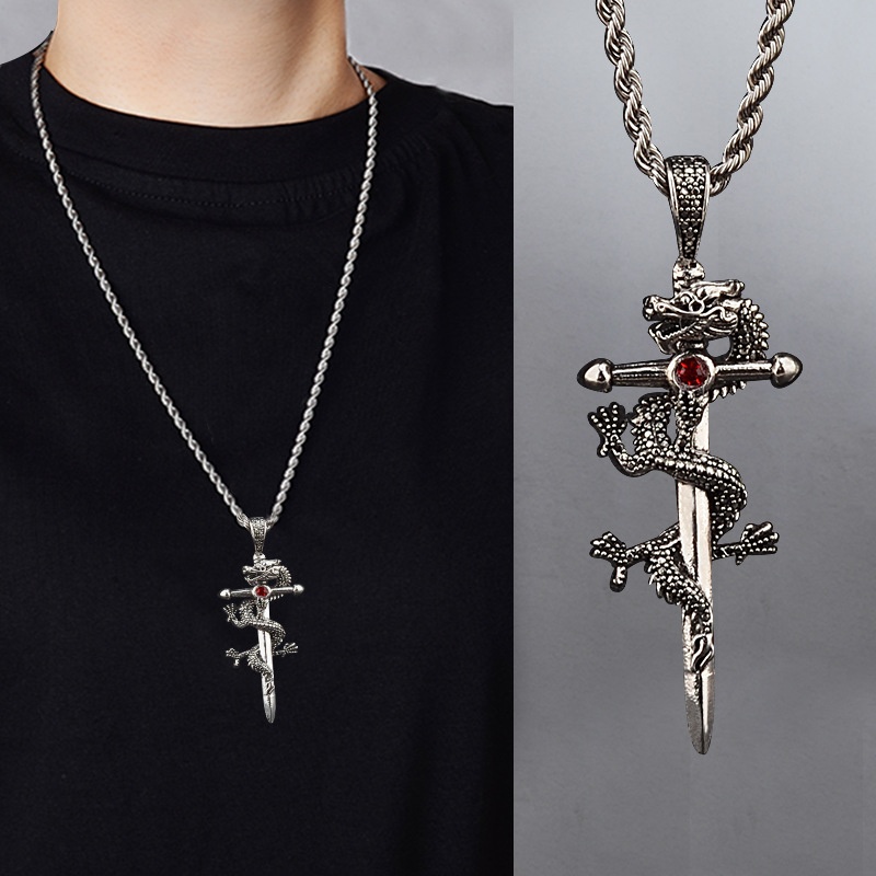 Fashion Jewelry Dragon Sword Pendant Necklace Paved Black Color For Men