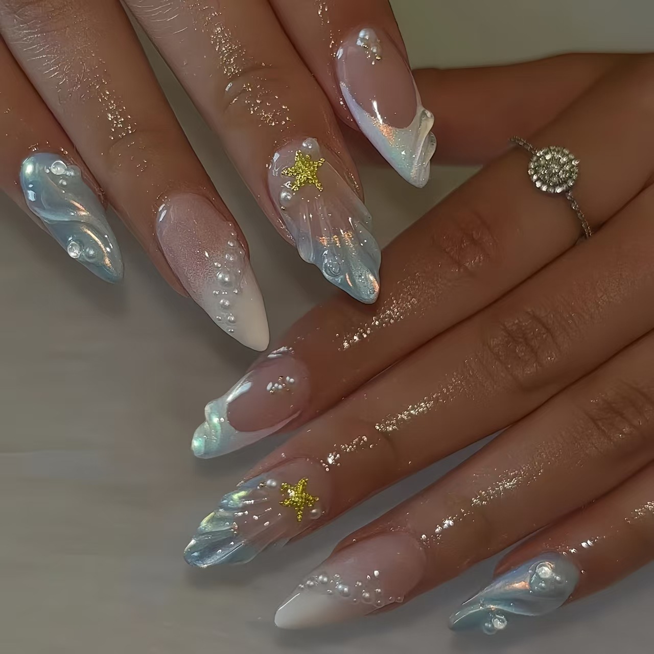 Fashion Ocean Series Almond Nail 3D Pearl Gold XINGX Wear