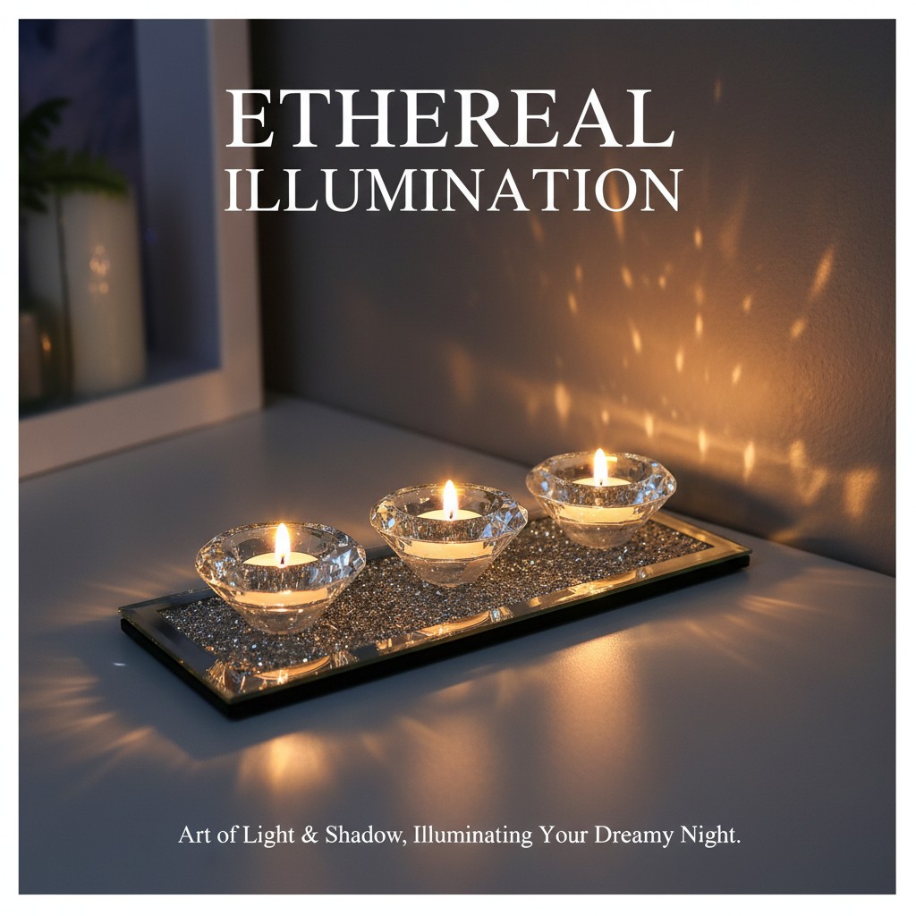 Crushed Diamond Mirrored Candle Holder Set With 3 Clear Glass Crystal