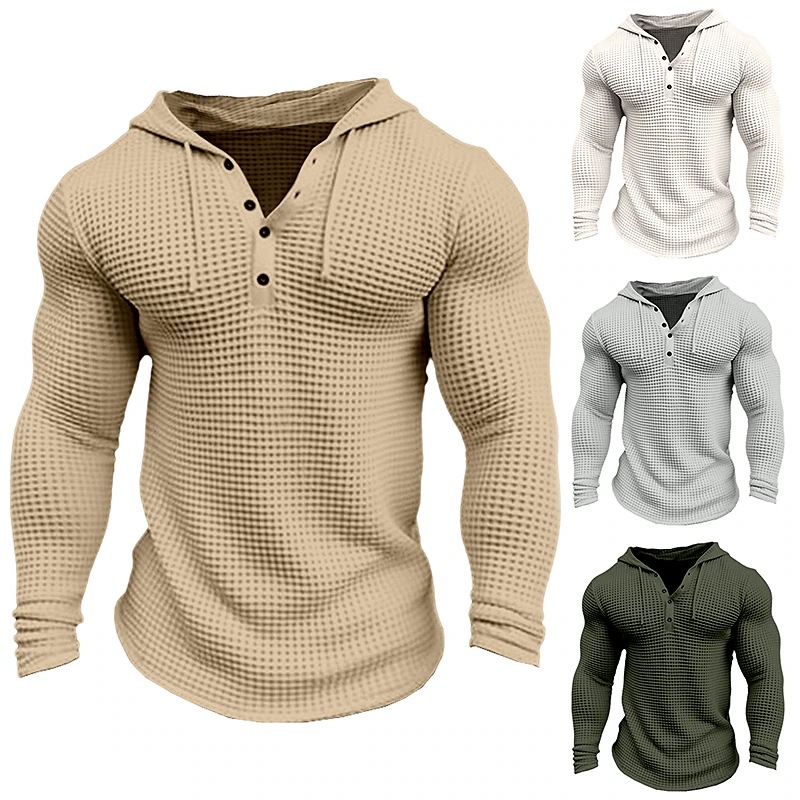 Men's Pullover Casual Long Sleeve T-shirt Waffler Slim Tops Sweat-shirt