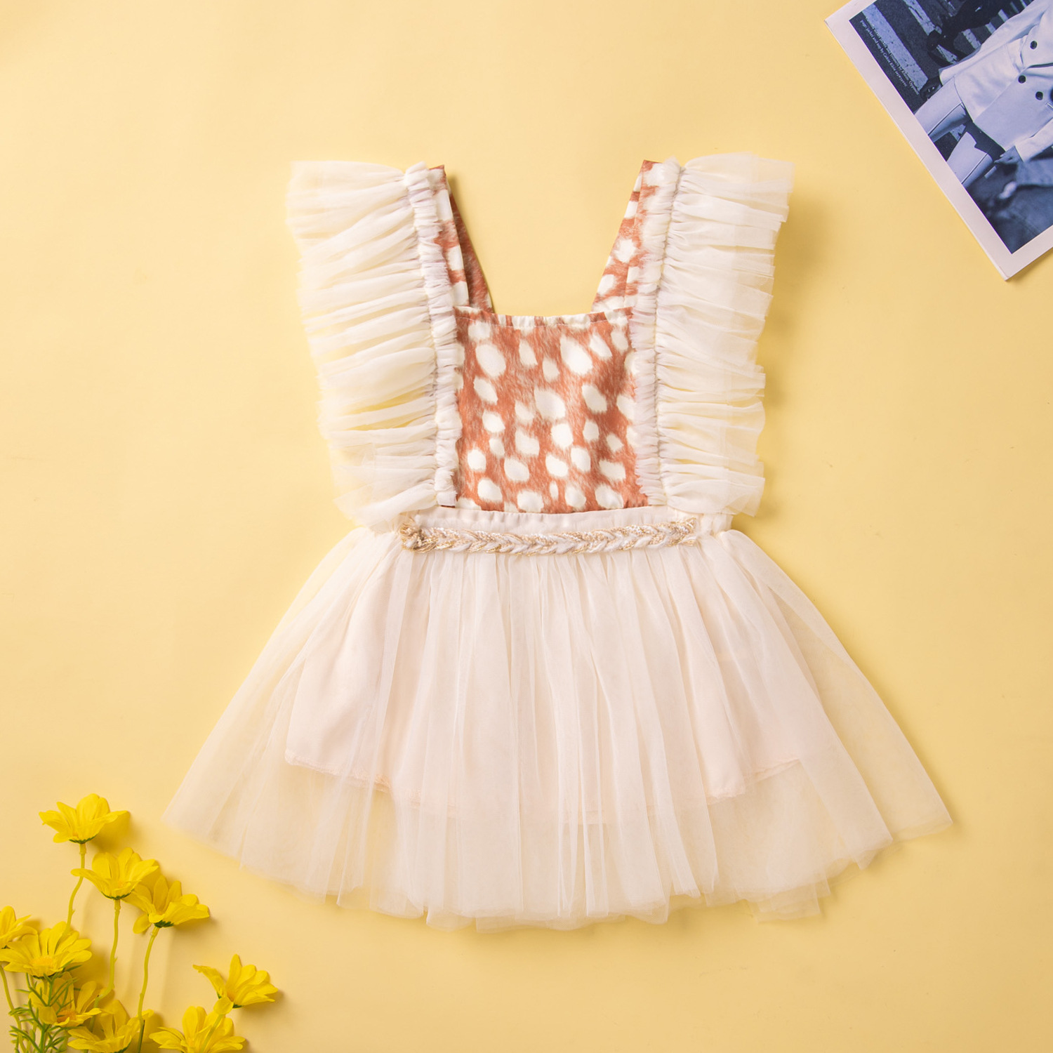 Girls' Leopard Print Mesh Spaghetti-strap Dress