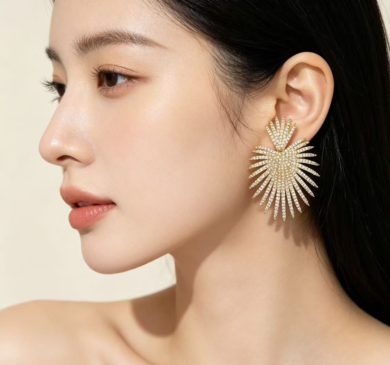 Gold Pave Zircon Sunburst Statement Earrings Large Fan Shaped Crystal