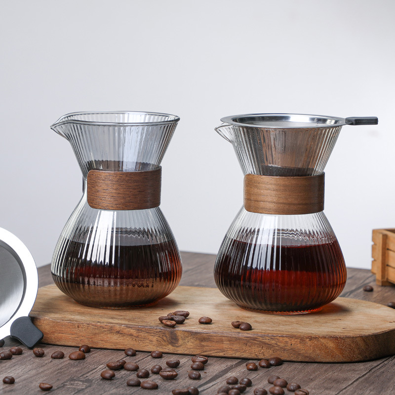 Hand-washed Glass Striped Coffee Pot Household With Filter Cup Suit