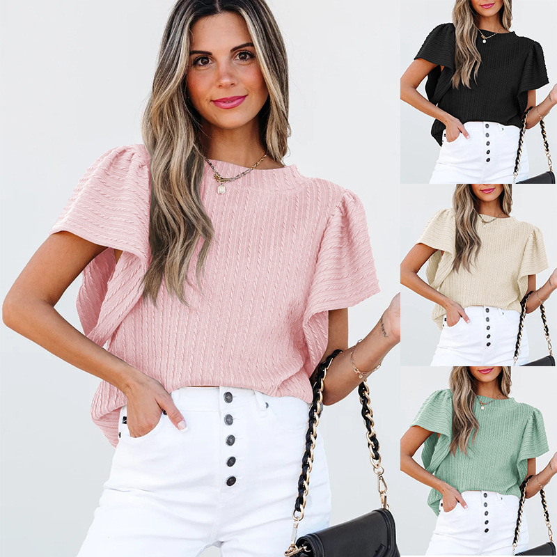 Women's Double-layer Ruffled Polyester Short-sleeved Round Neck T-shirt