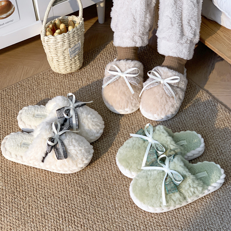 Autumn And Winter New Bow Tie Cotton Slippers Ladies Outside The Girl