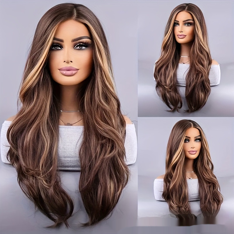 26-inch Elegant Women's Wig Brown Mixed Color Wavy Long Hair Synthetic