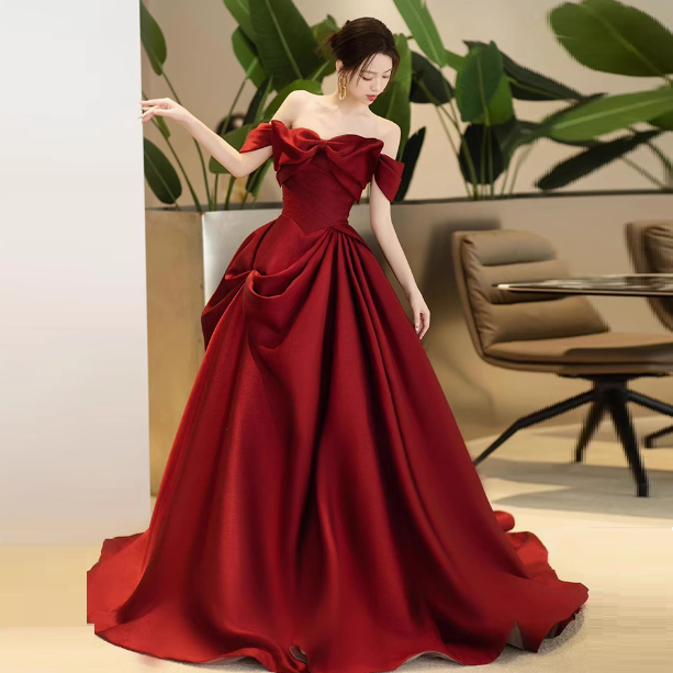 High-end Engagement Red Evening Dress French Off-shoulder Bow Princess