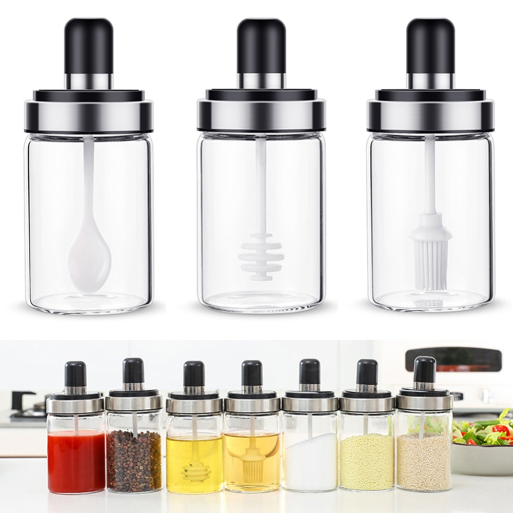 Seasoning Jar With Spoon Transparent Glass Salt Lid
