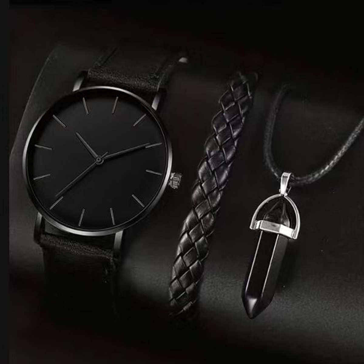 Men's Disc Watch With Rectangle And Beads Bracelet Three-piece Set
