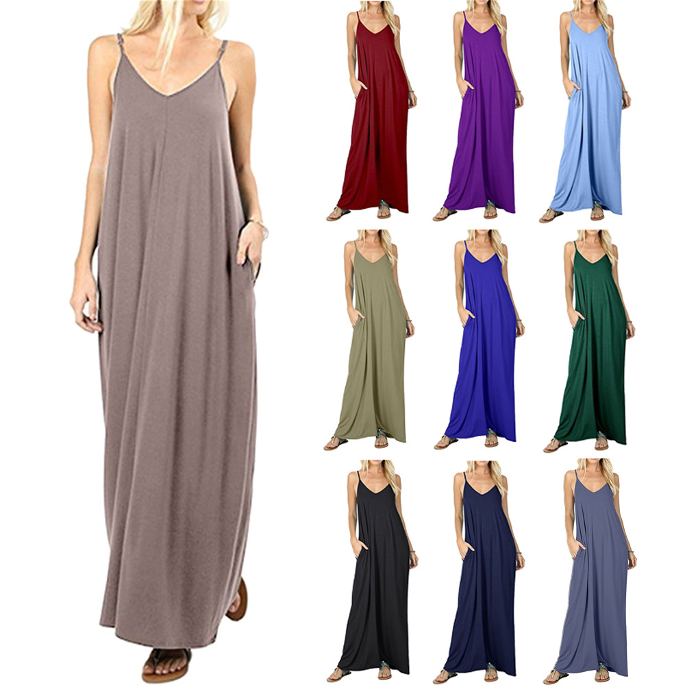 Women's Solid Color Loose Pockets Vest Dress