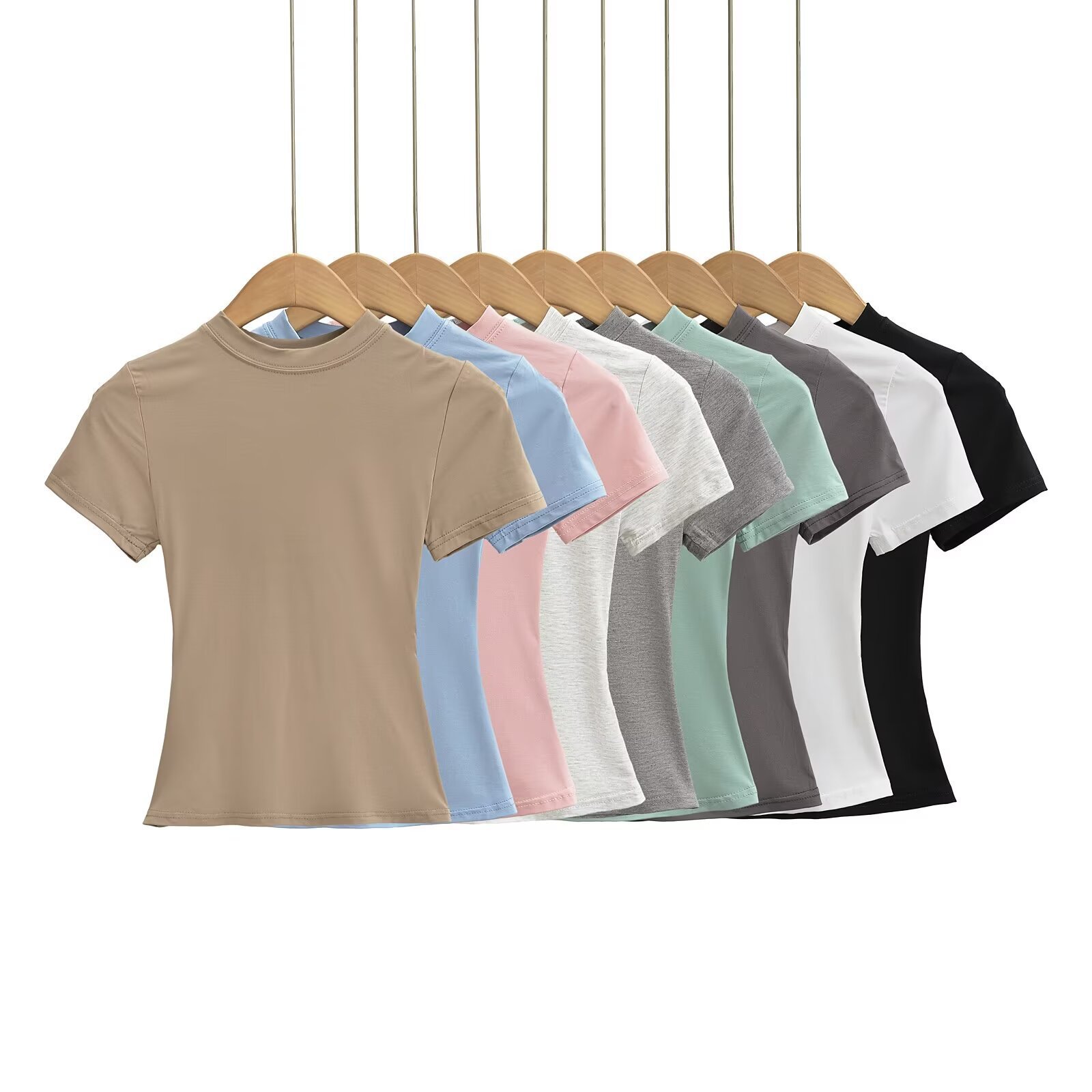 Solid Color Small Round Neck Elastic Shoulder Short Sleeve T-shirt Basic