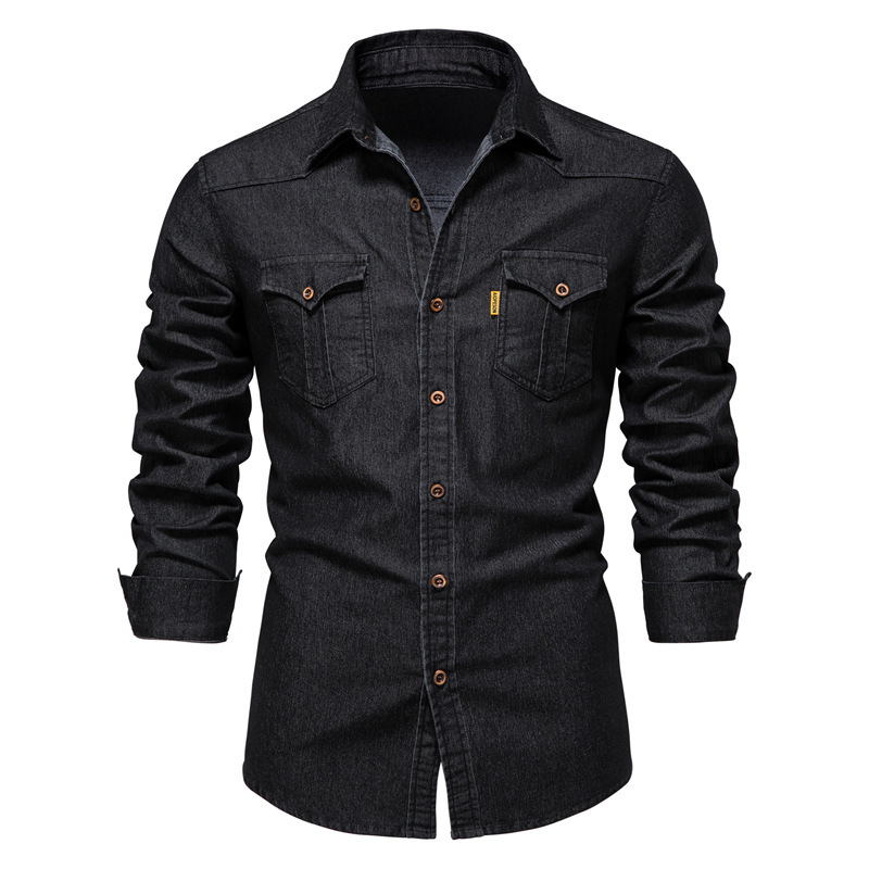 New Denim Men's Casual Solid Color Long Sleeve Shirt