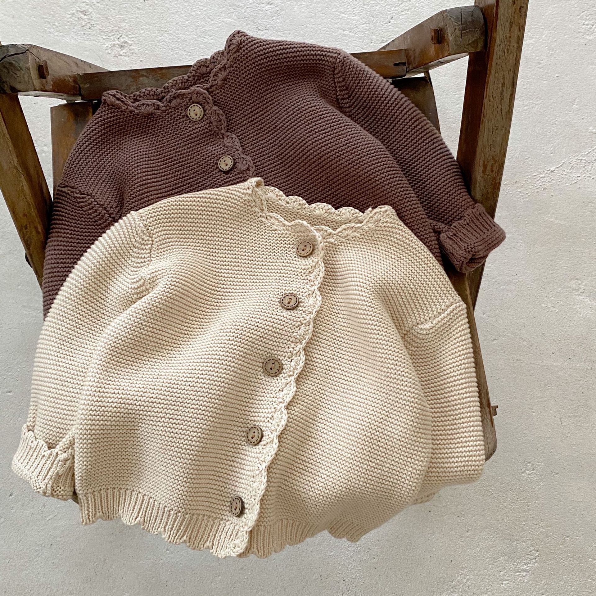 Handmade Crocheted Solid Color Knitted Cotton Long Sleeve Cardigan