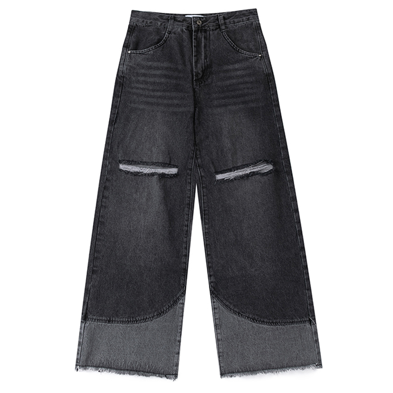 Fringed Ripped Straight Wide Leg Jeans