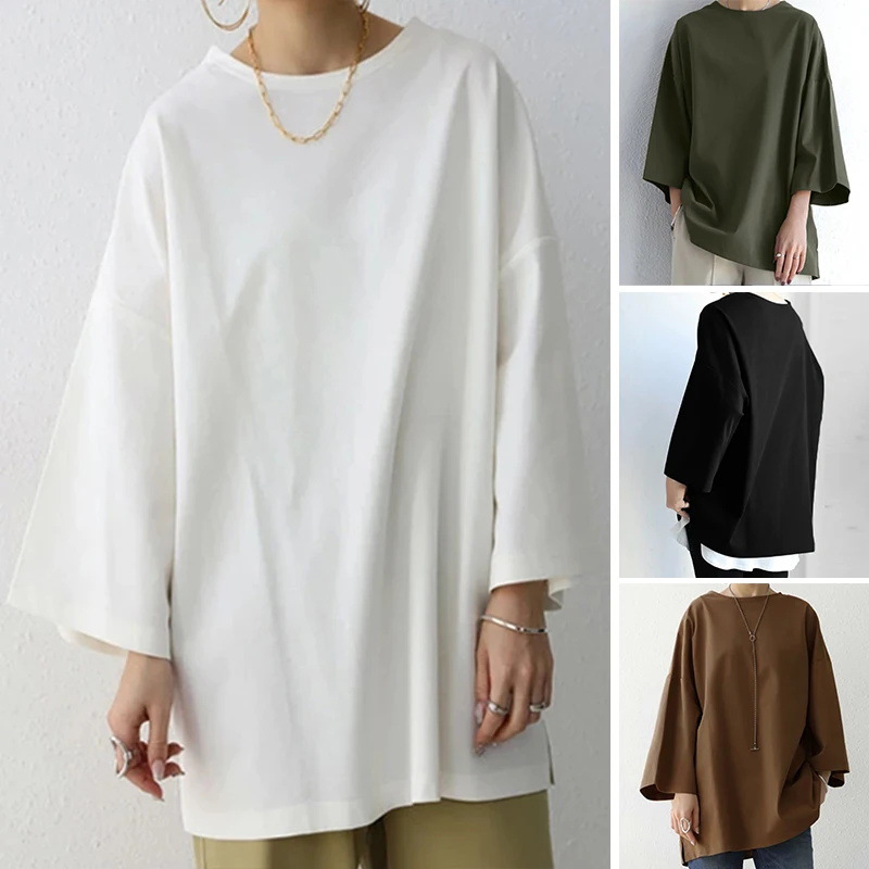 Women's Spring And Summer Solid Color Crew Neck Split Long Sleeve Loose