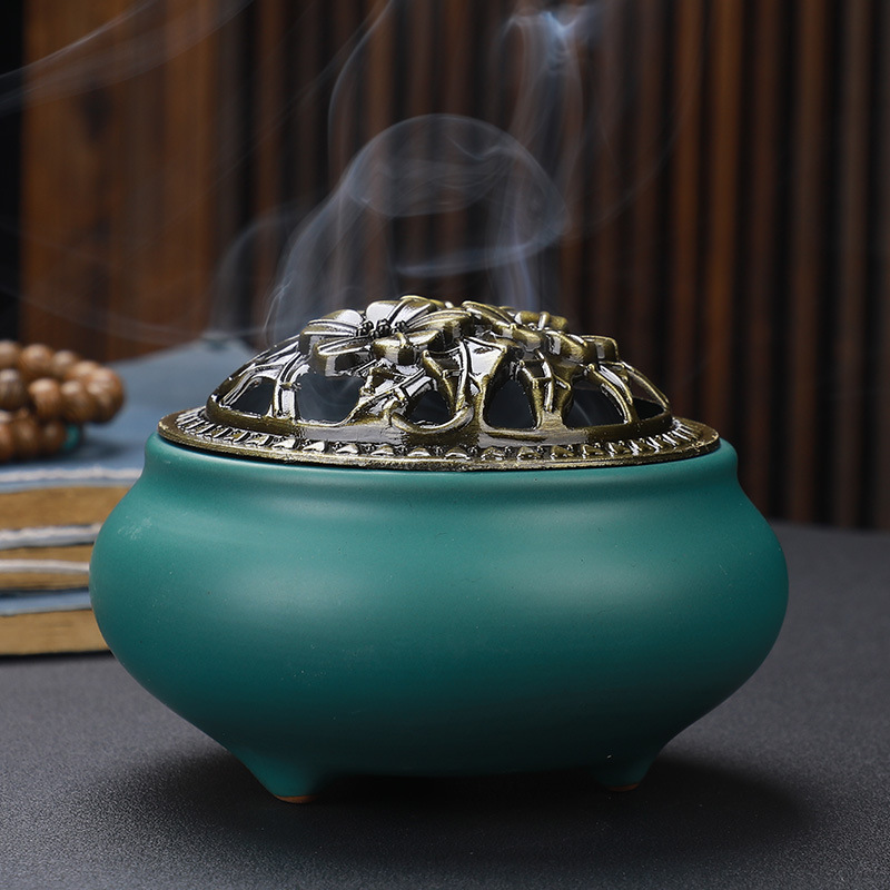 Copper Lid Ceramic Incense Burner Buddha With Antique Alloy Wire