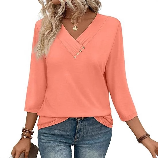 European And American New Autumn Women's Clothing Button V-neck Fashion