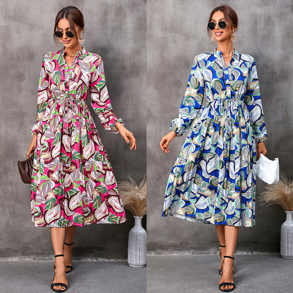 Leaves Printed Mid-length Long Sleeve Dress