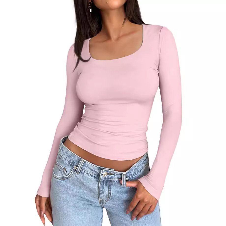 Solid Color Double Layer Square Collar Slimming Sexy Long Sleeve Women's