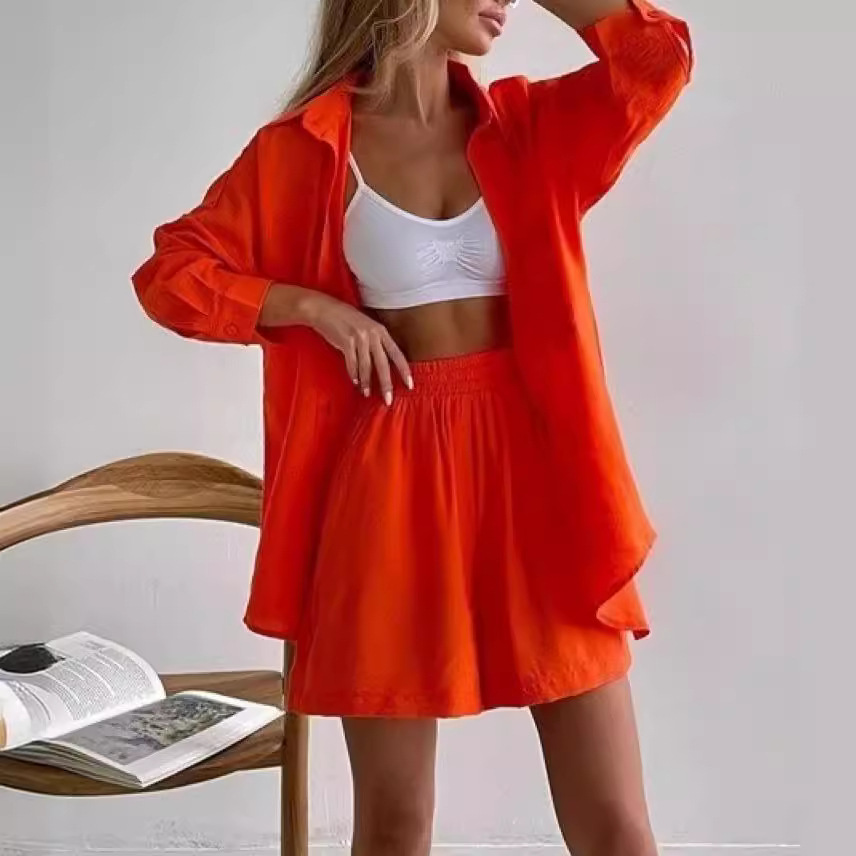 Single-breasted Long Sleeve Shirt Loose Casual Shorts Suit