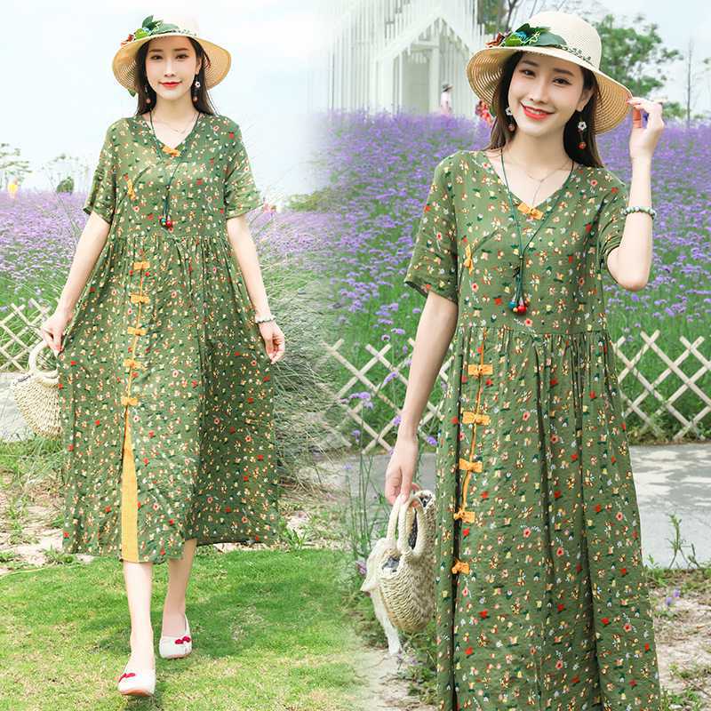 Artistic Retro Ethnic Style Loose Plus Size Slimming Floral Frog Button