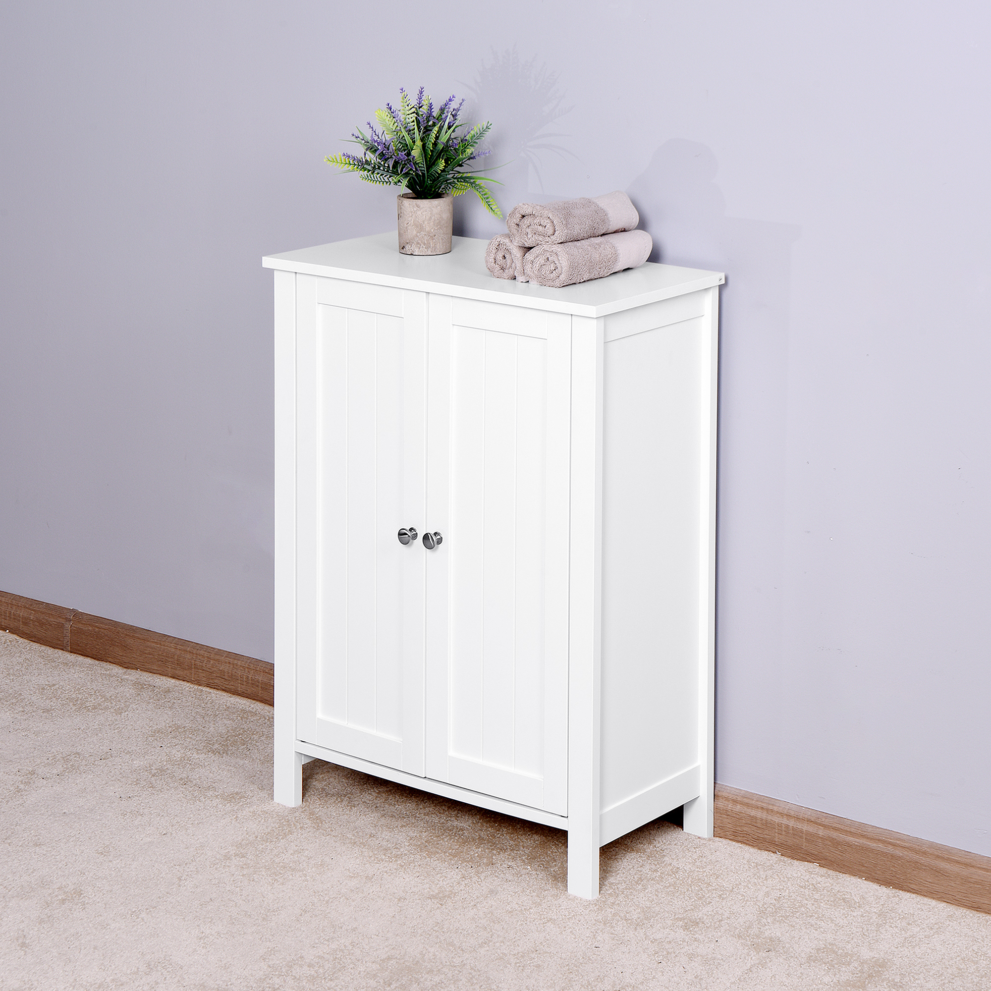 Bathroom Floor Storage Cabinet With Double Door Adjustable Shelf White