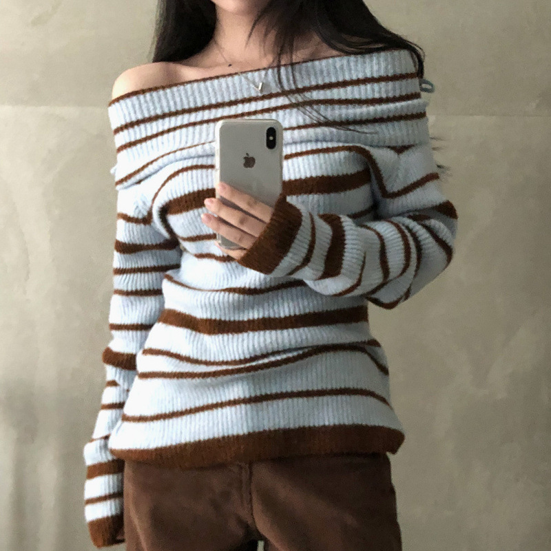 Design Contrast Color Striped Fashionable Bow Lapel Off-shoulder Slim