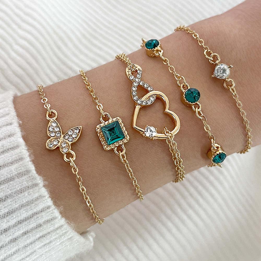 Bohemian 5pc Green Crystal Bracelets Jewelry Set For Women Heart