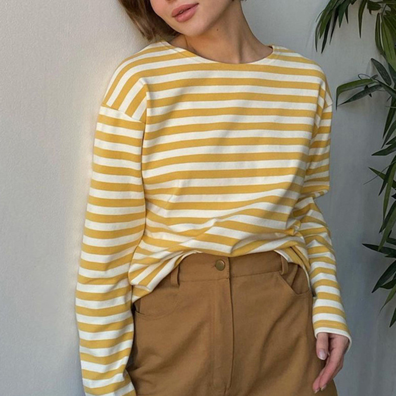 Striped T-shirt Women's Cotton Loose Round Neck Long Sleeve