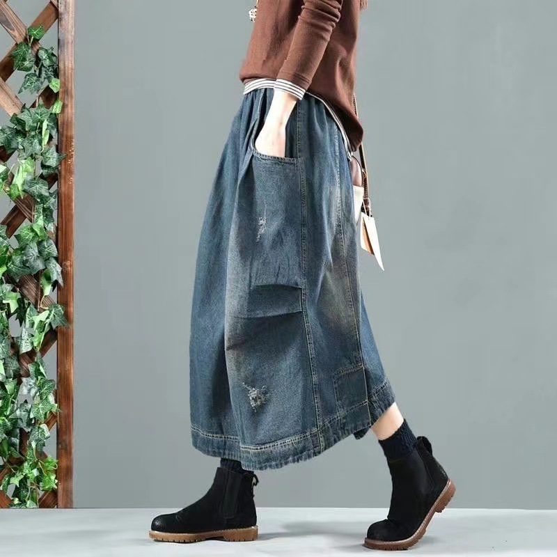 Vintage Denim Skirt Women's Elegant Long Dress Loose