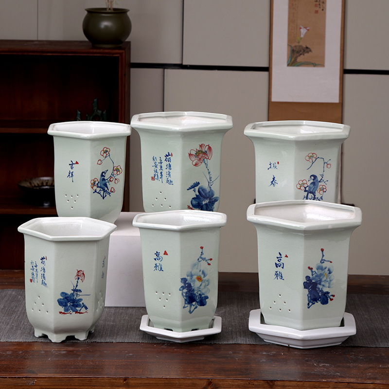 Hand Painted Flower Pot Ceramic With Tray Household